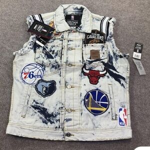 UNK Acid Wash Denim Vest with Basketball Patches